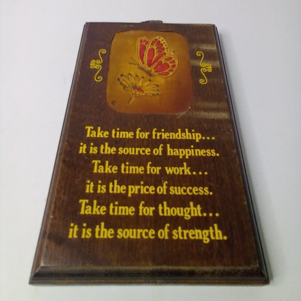 Vintage 70s Wallace Berrie Wood Plaque Leather Insert Friendship Butterfly